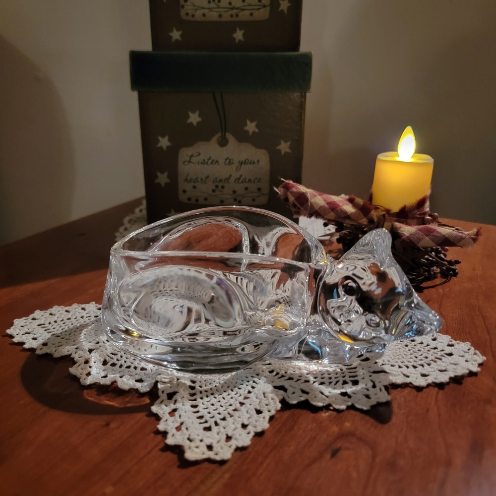 Cristal d' Arques ♡ Sweet Vintage Heavy 24% Genuine Lead Crystal Cat Candy Dish